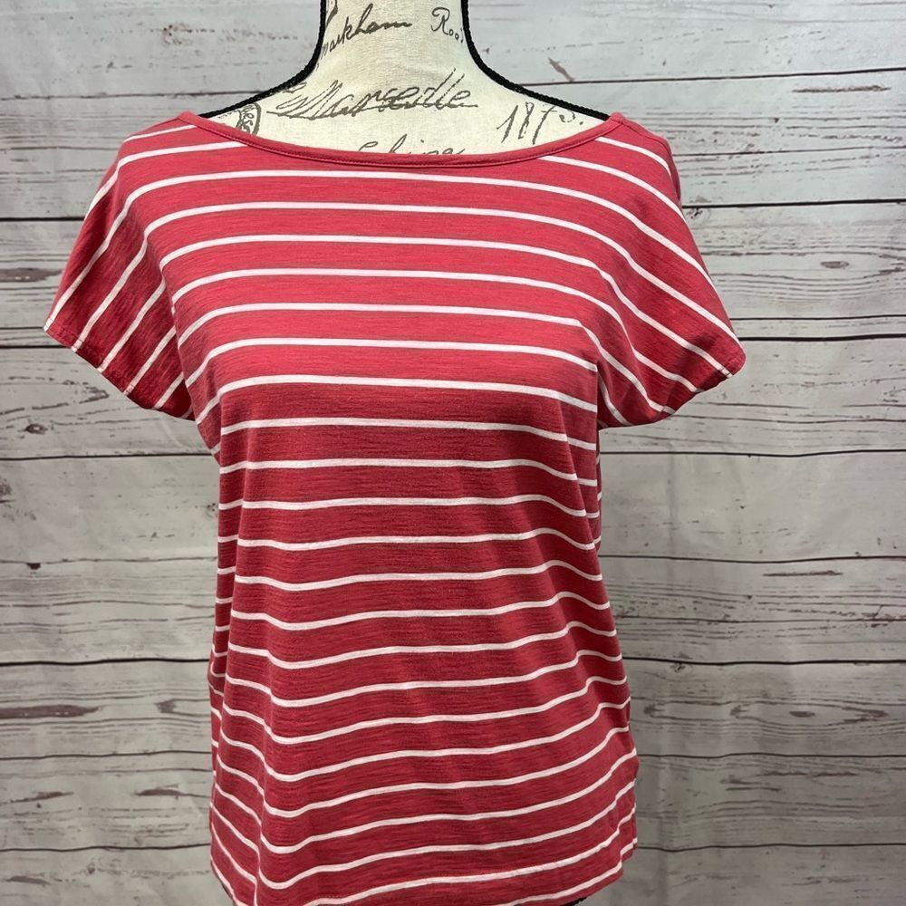 Chaps Womens Top L Red White Striped Open Back Short Sleeve Casual Blouse‎